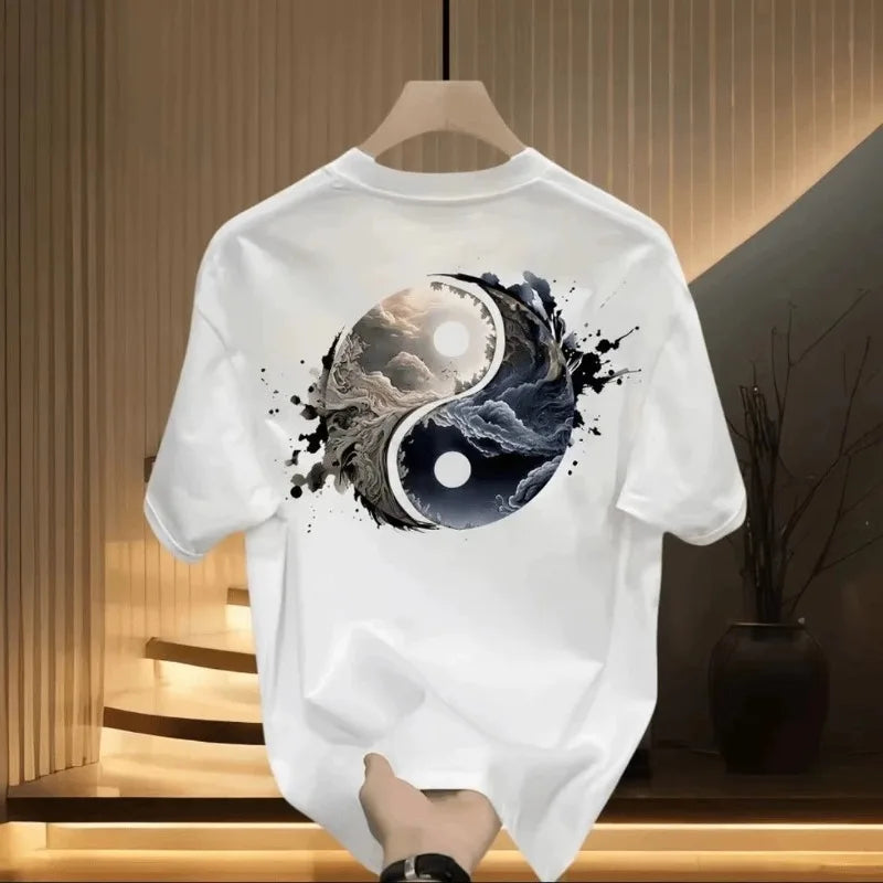 Men's Cotton T-shirts Fitted Black 5XL T Shirt for Men Casual Summer Wear Fashion Tai Chi Print Tee Shirts White Men Clothing Outdoor Kinetics