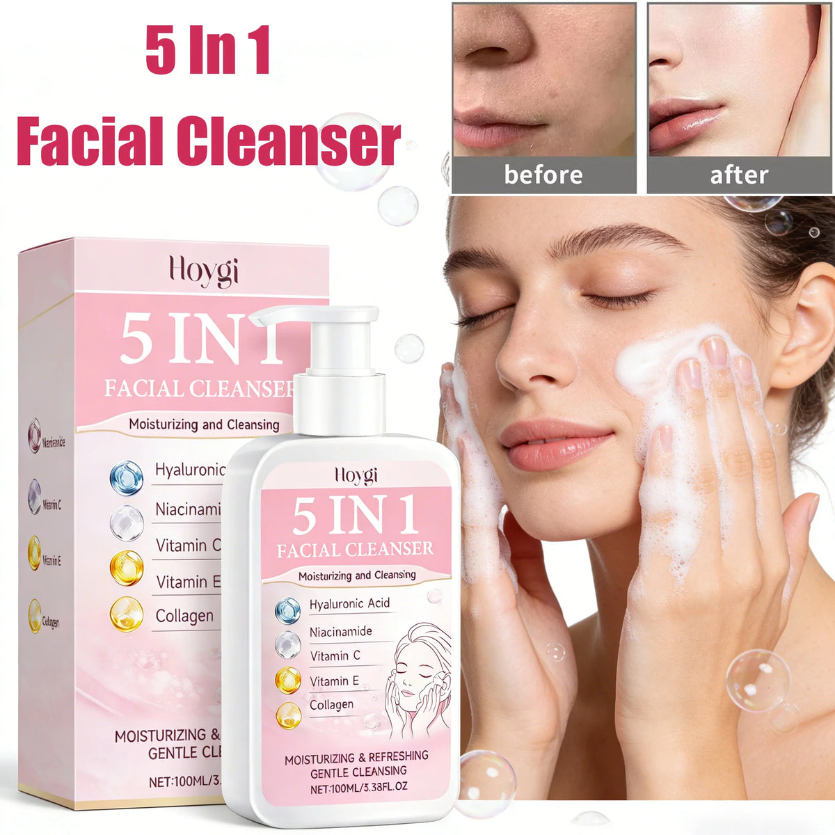 5 in 1 Moisturizing Facial Cleanser Refreshed Cleansing Makeup Remover Brightening Hydrating Light Texture Rich Foam Cleanser Outdoor Kinetics