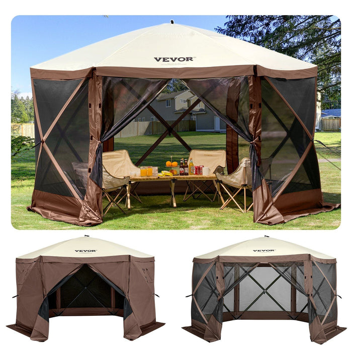 Camping Gazebo Screen Tent, 12*12ft, 6 Sided Pop-up Canopy Shelter Tent with Mesh Windows, Portable Carry Bag, Stakes, Large Shade Tents for Outdoor Camping, Lawn and Backyard, Brown/Beige VYSN