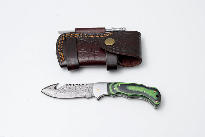 Green Micarta Damascus Gut Hook Hunting Knife TF-103 Titan International K
