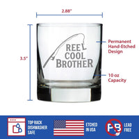 Reel Cool Brother - Funny Whiskey Rocks Glass - Fishing Gifts for Brothers - Engraved 10.25 oz Glasses - Fun Fish Cups bevvee