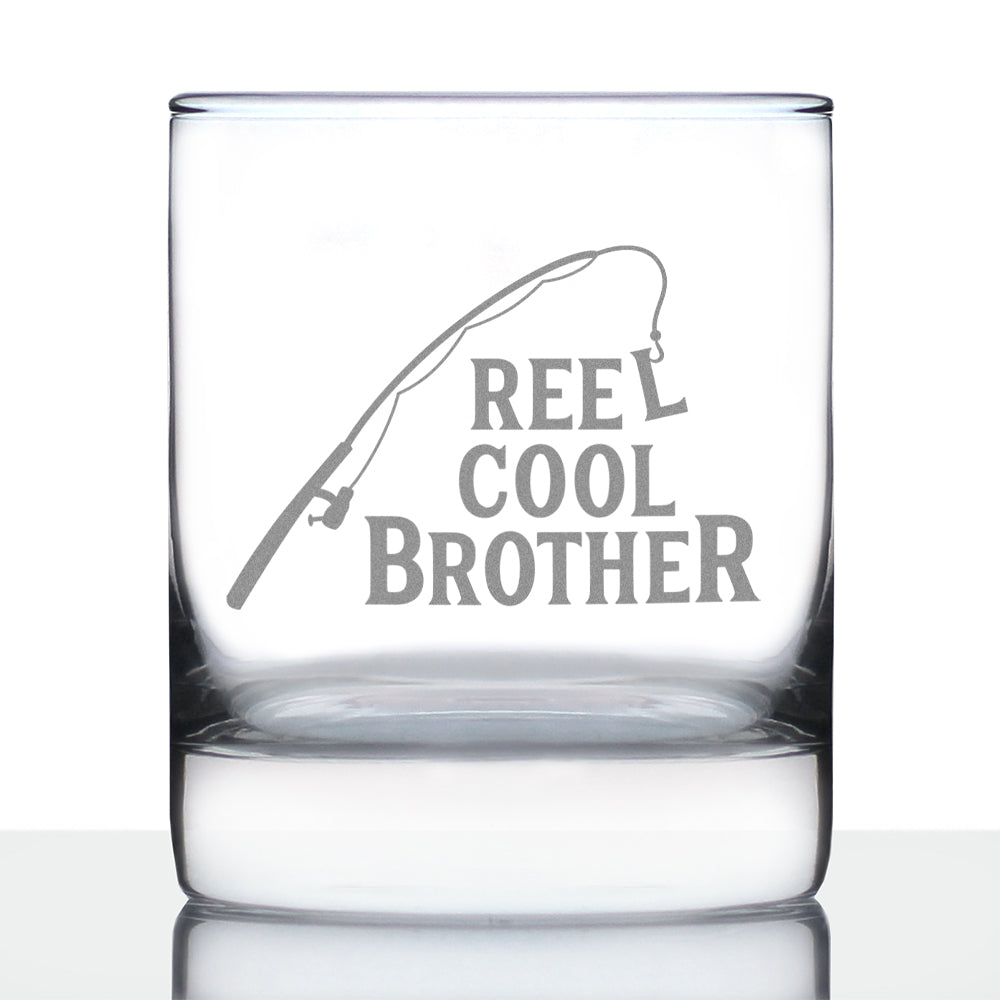 Reel Cool Brother - Funny Whiskey Rocks Glass - Fishing Gifts for Brothers - Engraved 10.25 oz Glasses - Fun Fish Cups bevvee