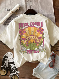 Oversized Here Comes The Sun with Flower 100% Cotton Women's Retro Print T-Shirt Casual Crew Neck Short Sleeve Top Tee Shirt Outdoor Kinetics