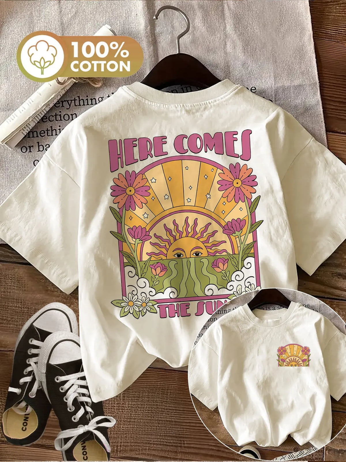 Oversized Here Comes The Sun with Flower 100% Cotton Women's Retro Print T-Shirt Casual Crew Neck Short Sleeve Top Tee Shirt Outdoor Kinetics
