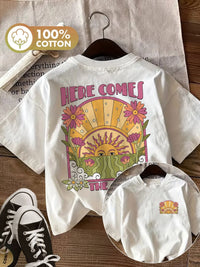 Oversized Here Comes The Sun with Flower 100% Cotton Women's Retro Print T-Shirt Casual Crew Neck Short Sleeve Top Tee Shirt Outdoor Kinetics