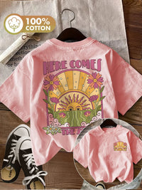Oversized Here Comes The Sun with Flower 100% Cotton Women's Retro Print T-Shirt Casual Crew Neck Short Sleeve Top Tee Shirt Outdoor Kinetics