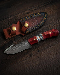 Damascus Steel Fixed Blade Hunting Knife with Gut Hook, Padauk Wood & Cobra Honeycomb Resin Inlay Handle for Field Dressing & Camping with Custom Leather Sheath TK-517 Titan International K