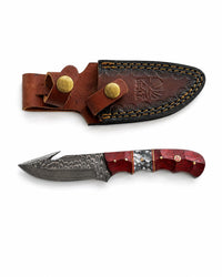 Damascus Steel Fixed Blade Hunting Knife with Gut Hook, Padauk Wood & Cobra Honeycomb Resin Inlay Handle for Field Dressing & Camping with Custom Leather Sheath TK-517 Titan International K