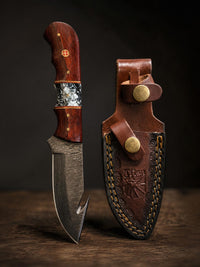 Damascus Steel Fixed Blade Hunting Knife with Gut Hook, Padauk Wood & Cobra Honeycomb Resin Inlay Handle for Field Dressing & Camping with Custom Leather Sheath TK-517 Titan International K
