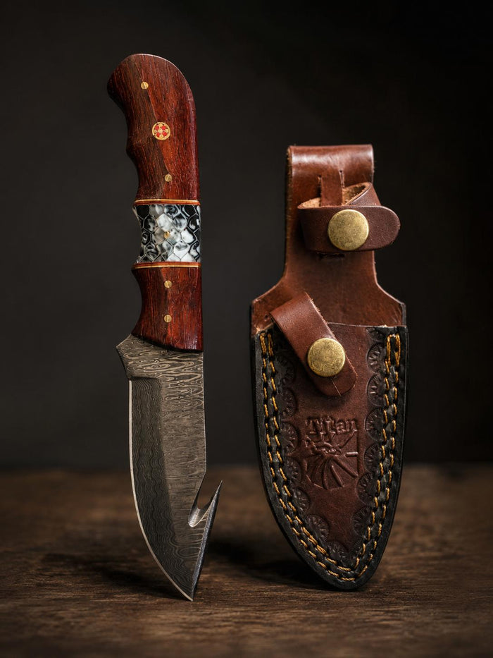 Damascus Steel Fixed Blade Hunting Knife with Gut Hook, Padauk Wood & Cobra Honeycomb Resin Inlay Handle for Field Dressing & Camping with Custom Leather Sheath TK-517 Titan International K