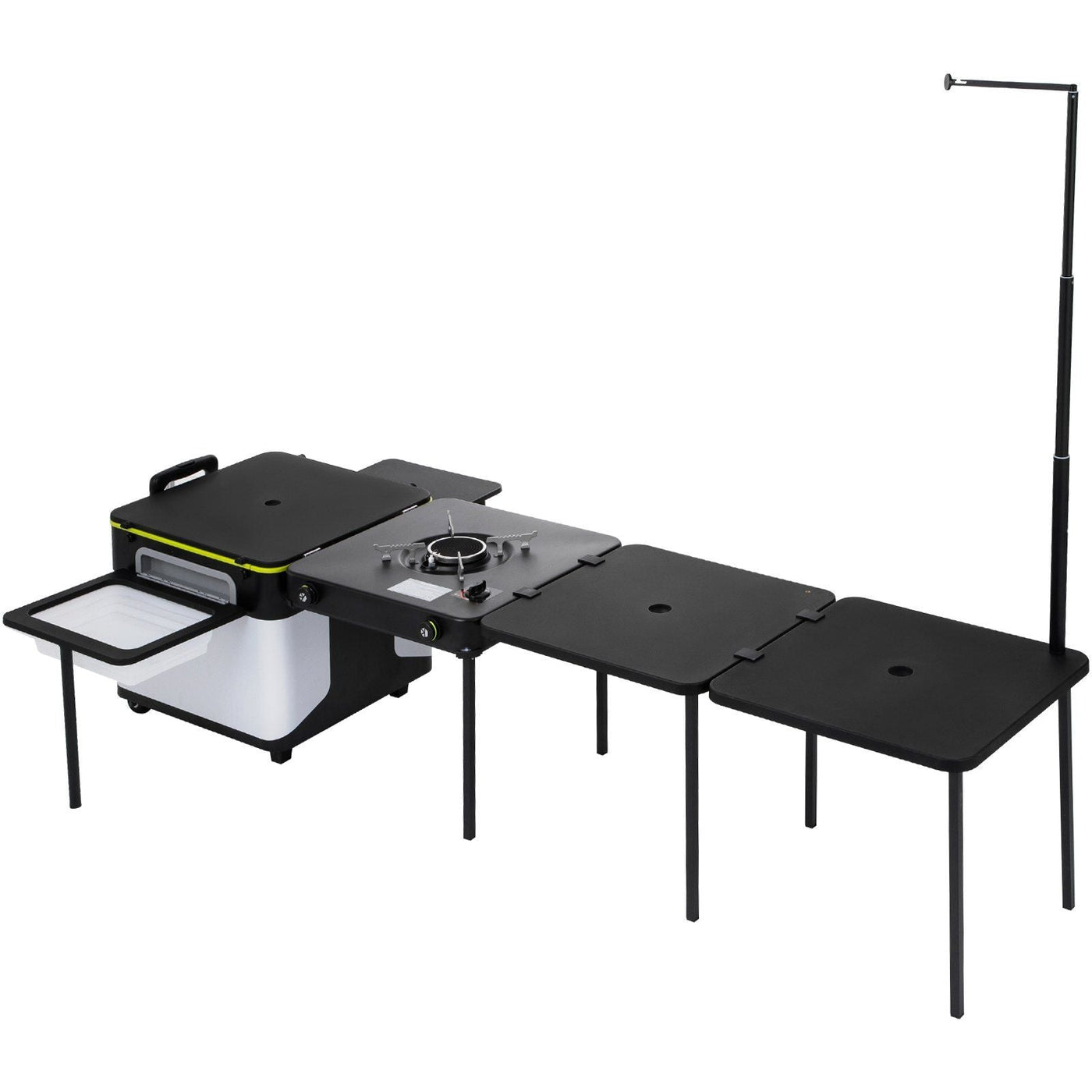 Outdoor Mobile Kitchen, Portable Multifunctional Camp Box with Wheels All in One Integrated Cooking Station with Windproof Stove, Folding Tables Storage Organizer, Black VYSN