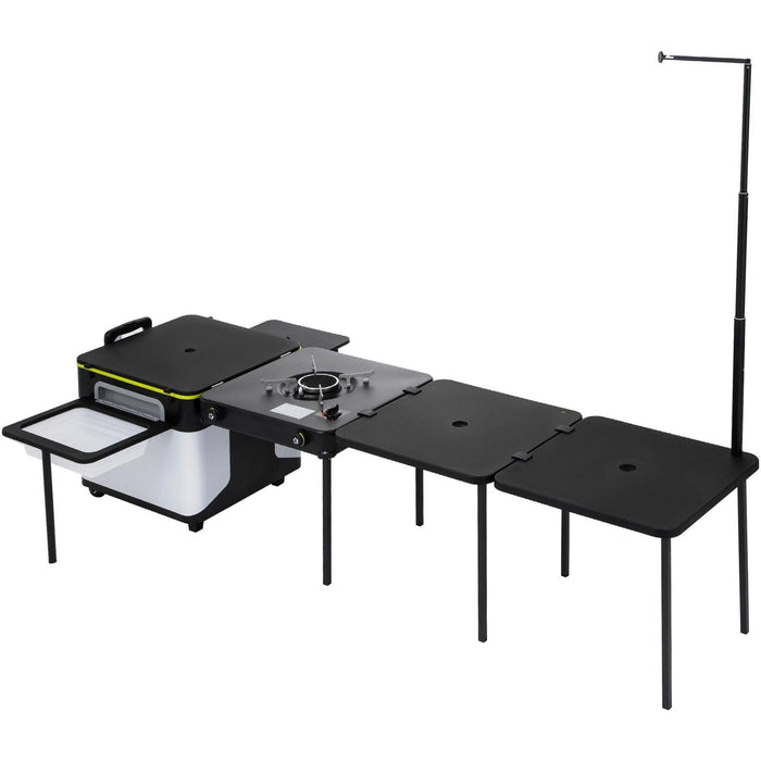 Outdoor Mobile Kitchen, Portable Multifunctional Camp Box with Wheels All in One Integrated Cooking Station with Windproof Stove, Folding Tables Storage Organizer, Black VYSN